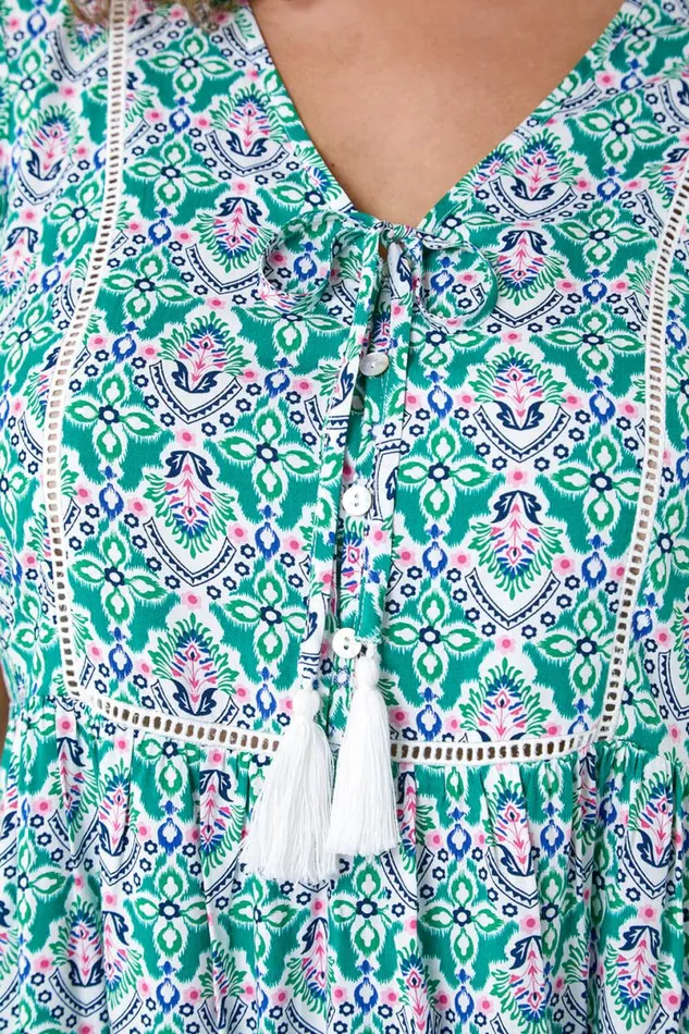 Green Curve Tie Front VNeck Boho Printed Top Women Roman Tops