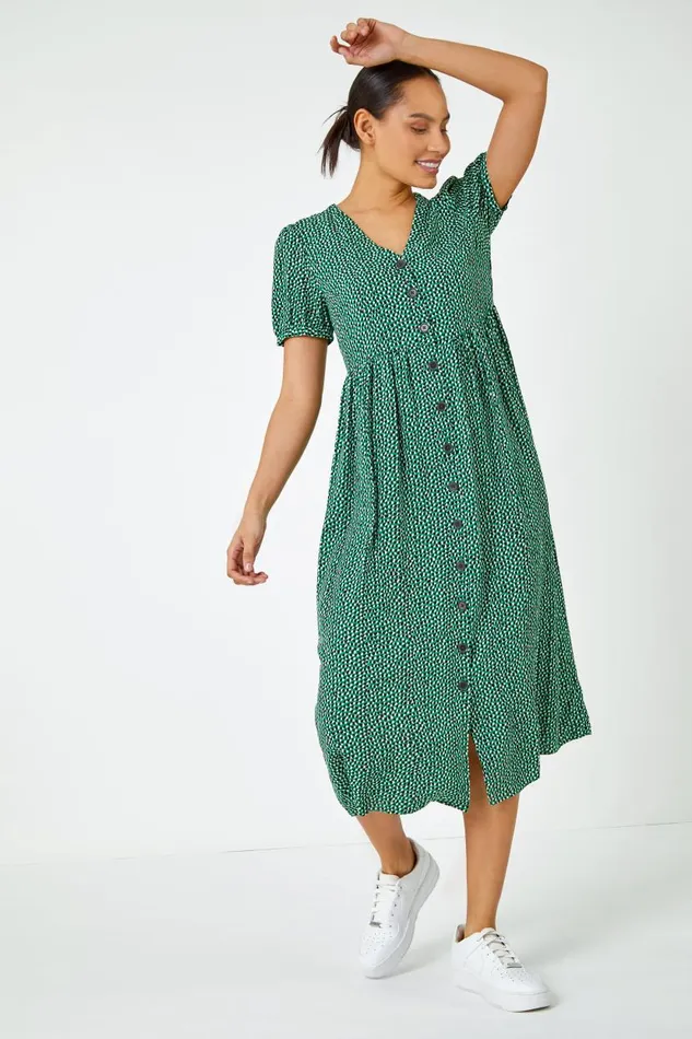 Green Ditsy Spot Button Through Midi Dress Women Roman Dresses