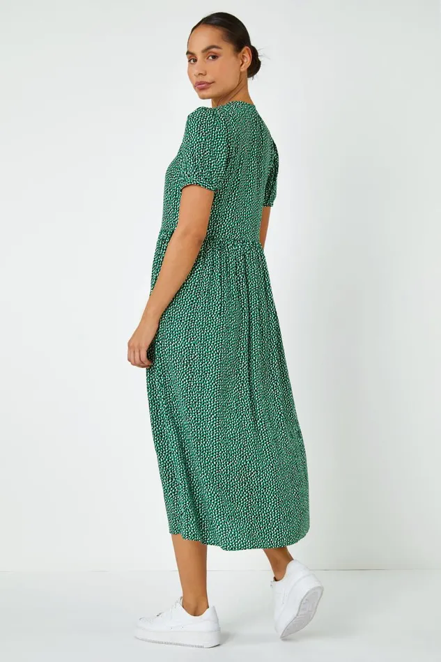 Green Ditsy Spot Button Through Midi Dress Women Roman Dresses