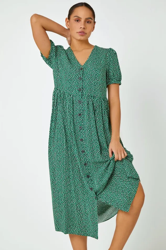 Green Ditsy Spot Button Through Midi Dress Women Roman Dresses