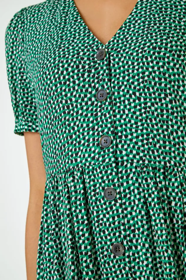Green Ditsy Spot Button Through Midi Dress Women Roman Dresses