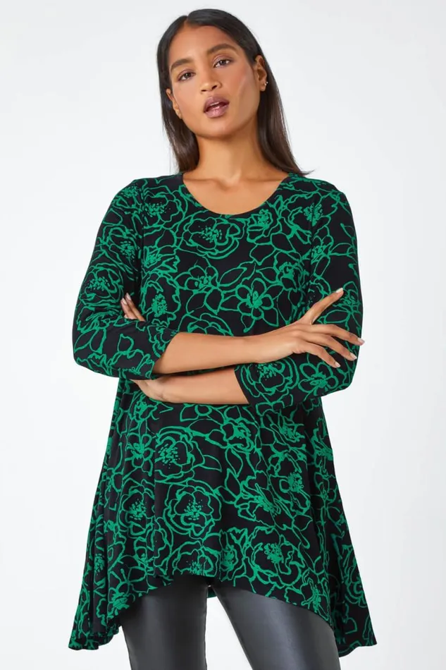 Green Floral Print Hanky Hem Stretch Tunic Top Women Roman Tops