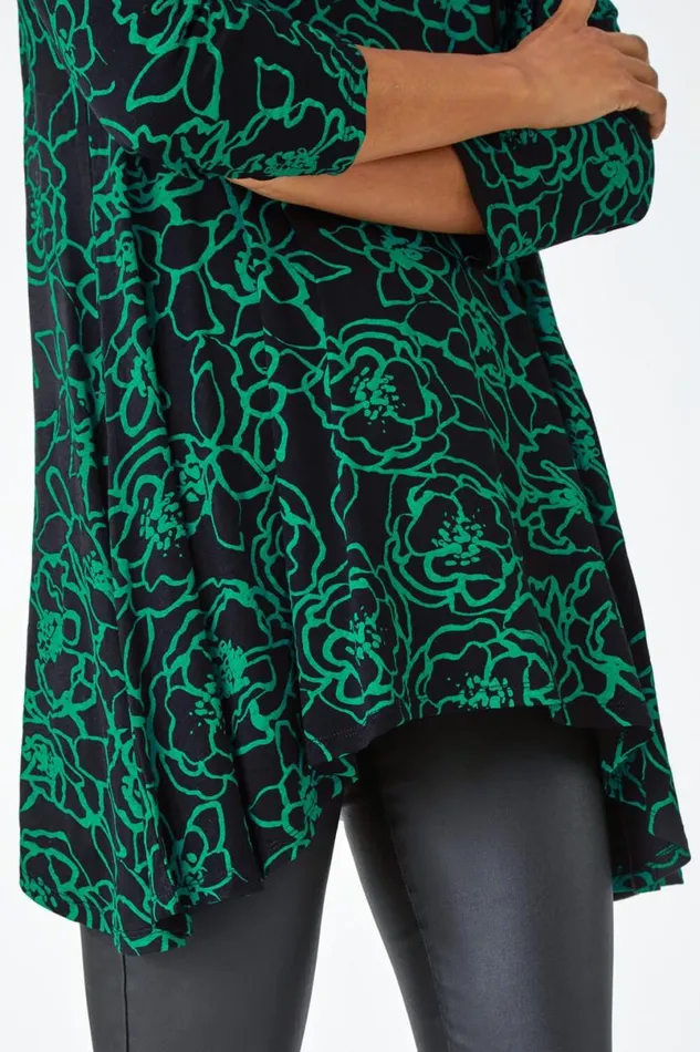 Green Floral Print Hanky Hem Stretch Tunic Top Women Roman Tops