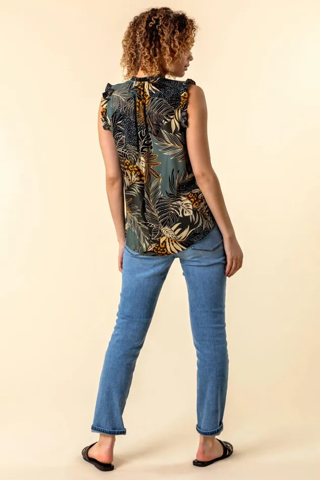 Green Frill Detail Tropical Print Top Women Roman Tops