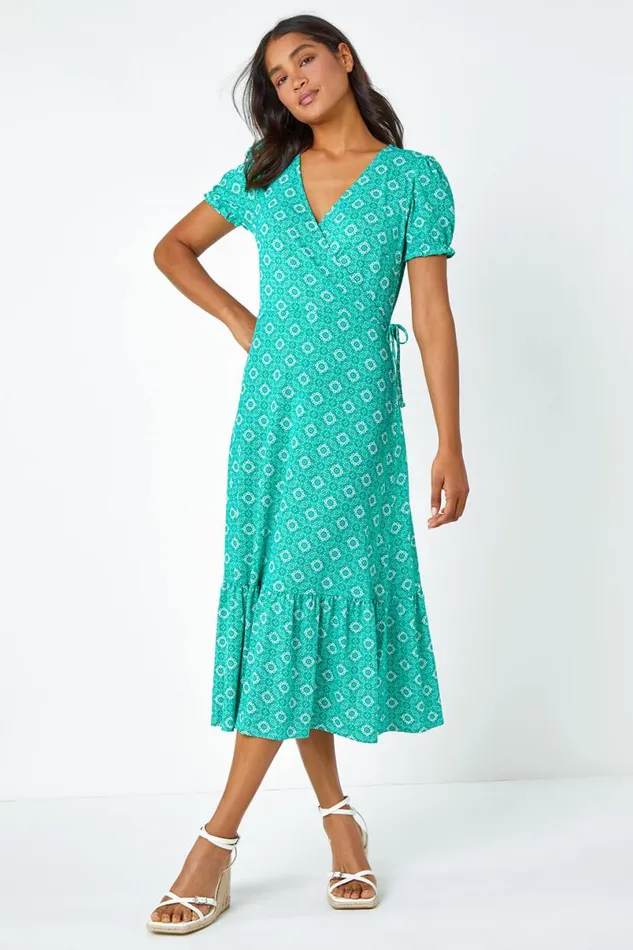 Green Geo Print Stretch Wrap Midi Dress Women Roman Occasionwear