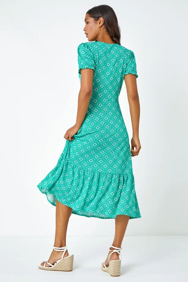 Green Geo Print Stretch Wrap Midi Dress Women Roman Occasionwear