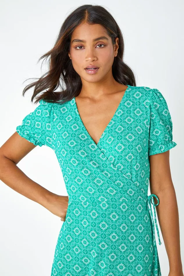 Green Geo Print Stretch Wrap Midi Dress Women Roman Occasionwear