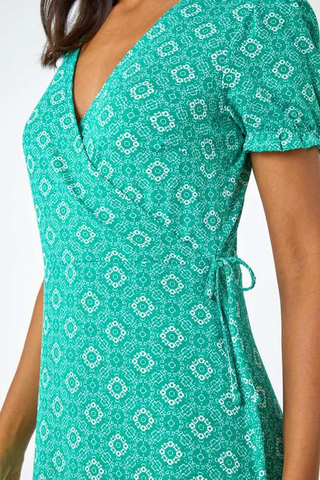 Green Geo Print Stretch Wrap Midi Dress Women Roman Occasionwear