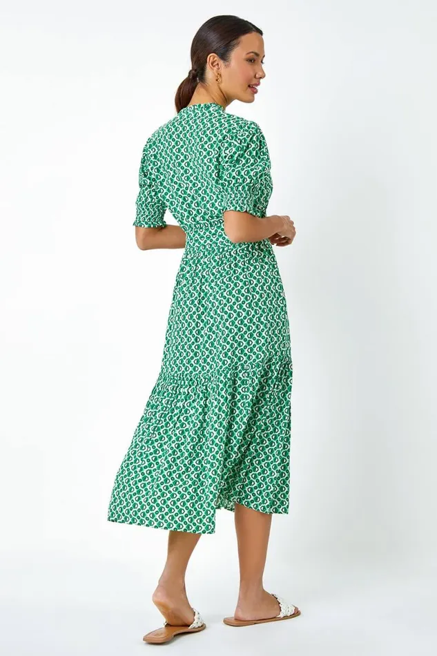 Green Geometric Tiered Belted Midi Dress Women Roman Dresses