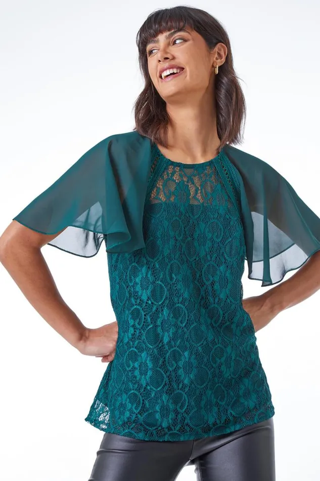 Green Lace Chiffon Sleeve Shell Top Women Roman Tops