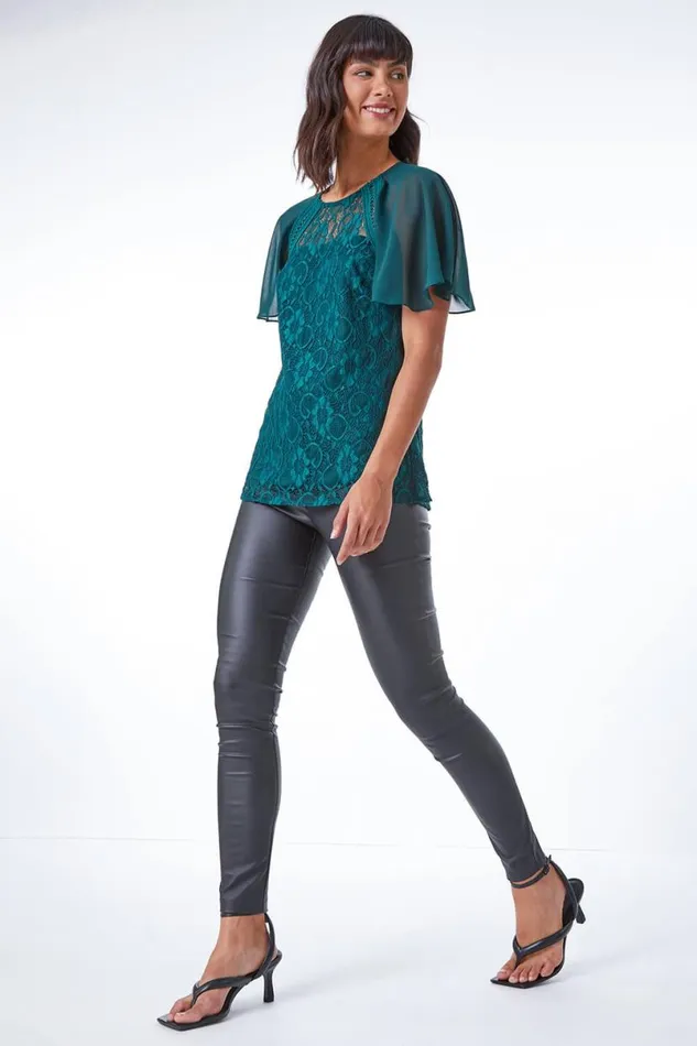 Green Lace Chiffon Sleeve Shell Top Women Roman Tops