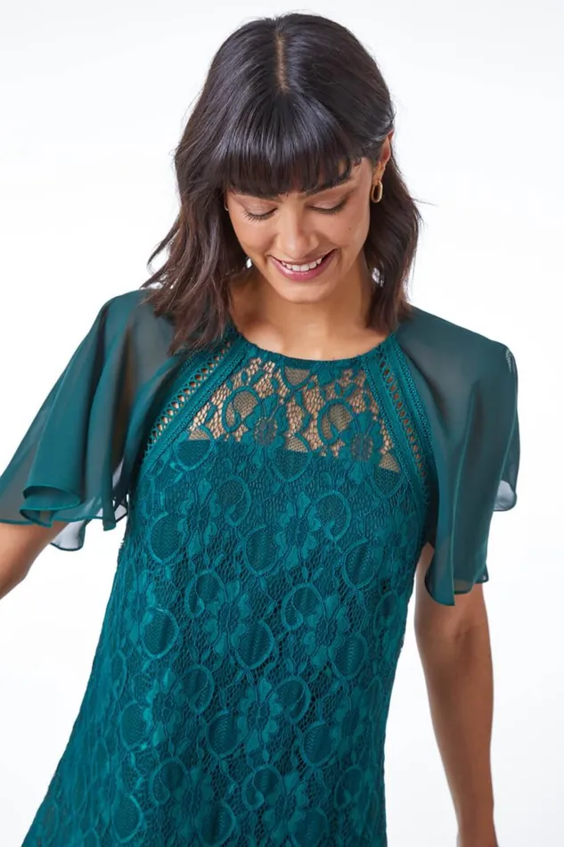 Green Lace Chiffon Sleeve Shell Top Women Roman Tops