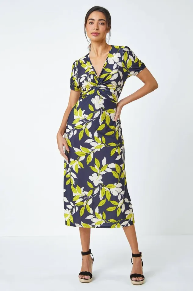 Green Leaf Twist Front Stretch Midi Dress Women Roman Dresses