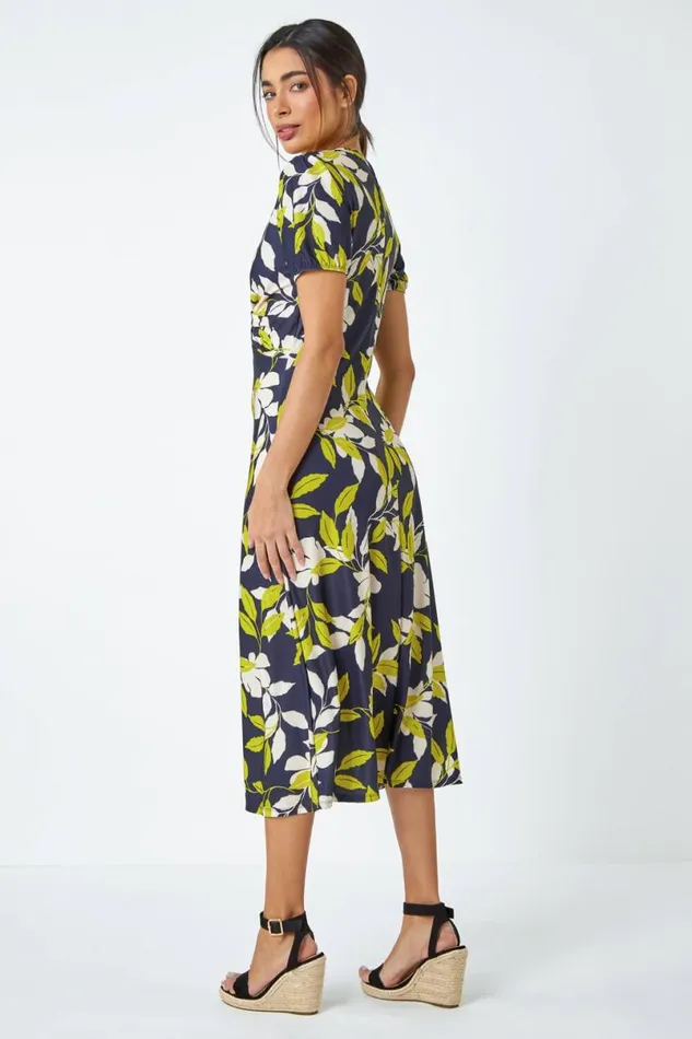Green Leaf Twist Front Stretch Midi Dress Women Roman Dresses
