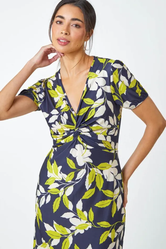 Green Leaf Twist Front Stretch Midi Dress Women Roman Dresses