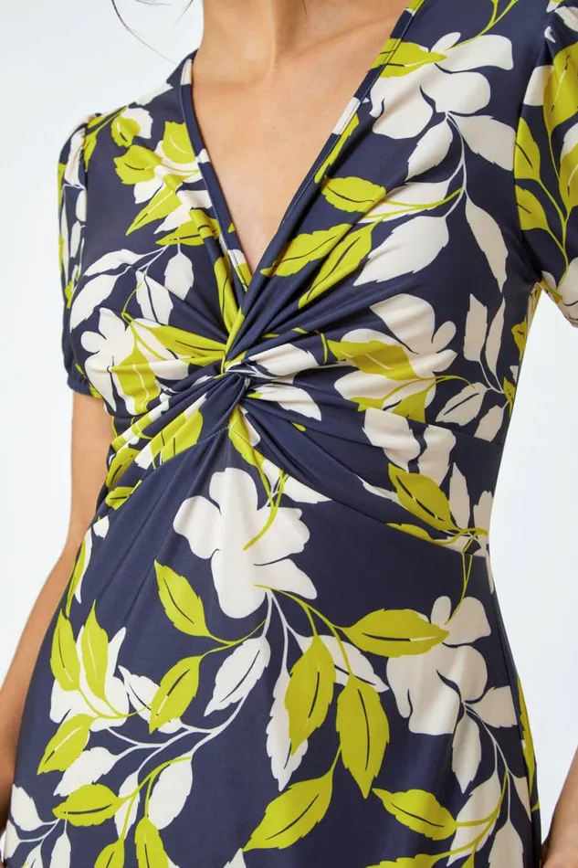 Green Leaf Twist Front Stretch Midi Dress Women Roman Dresses