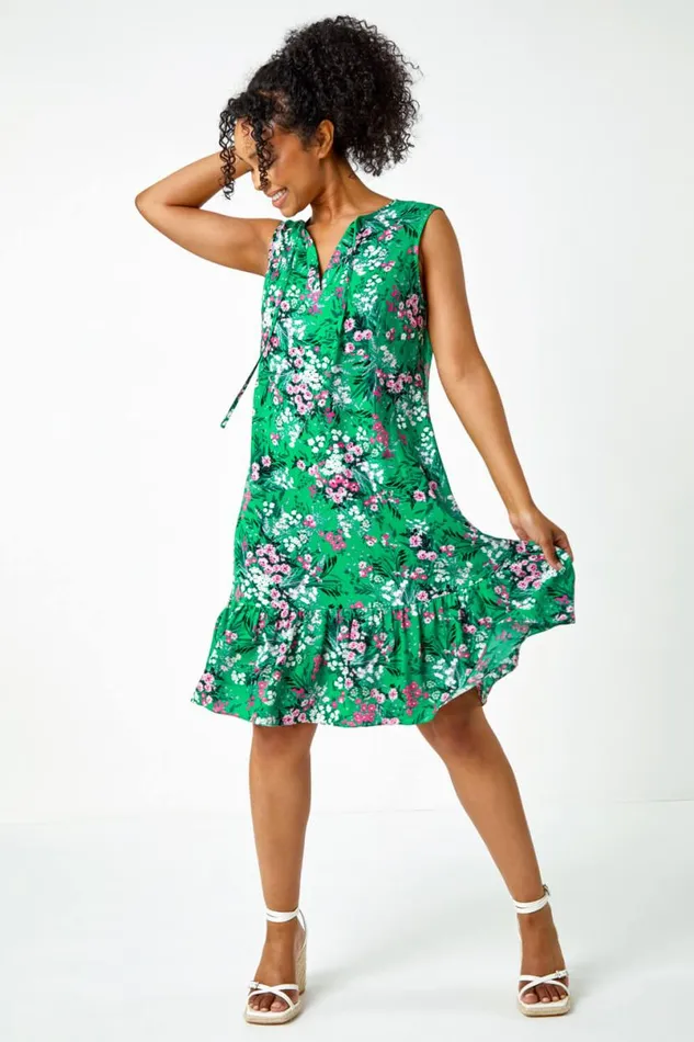 Green Petite Floral Print Frill Hem Dress Women Roman Dresses