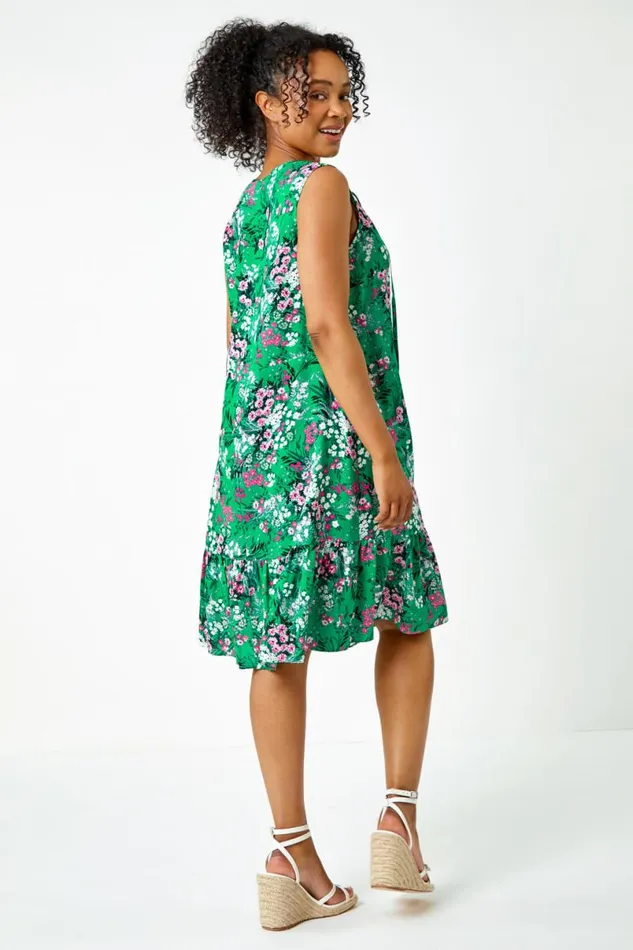 Green Petite Floral Print Frill Hem Dress Women Roman Dresses