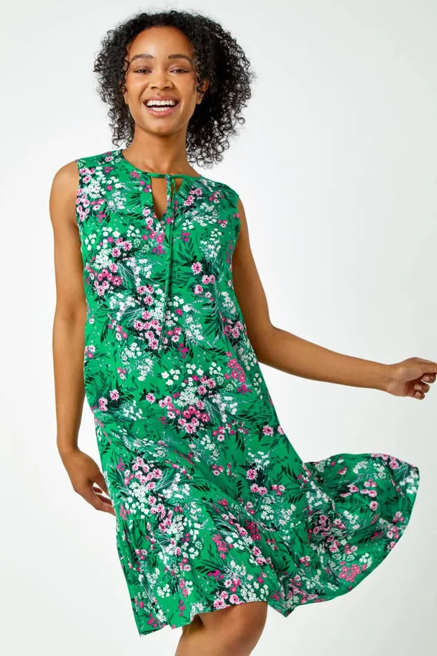 Green Petite Floral Print Frill Hem Dress Women Roman Dresses
