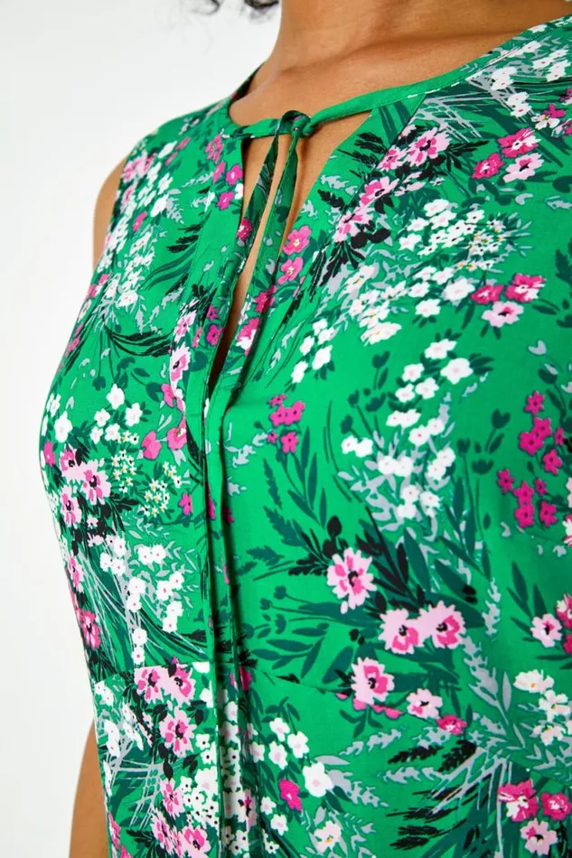 Green Petite Floral Print Frill Hem Dress Women Roman Dresses