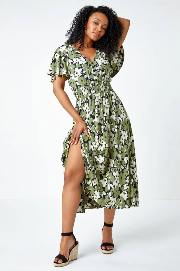 Green Petite Floral Print Shirred Midi Dress Women Roman Dresses