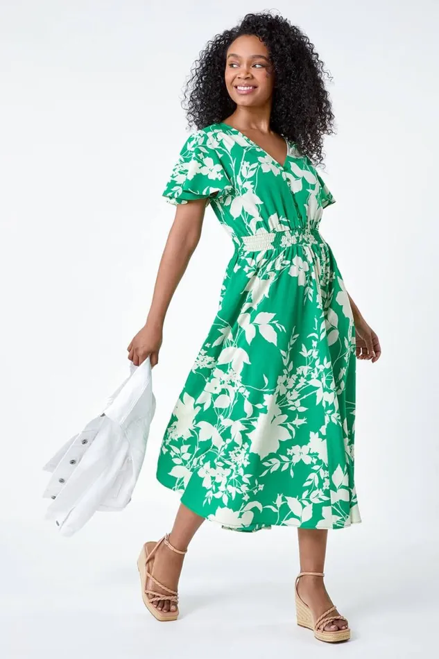 Green Petite Leaf Print Shirred Midi Dress Women Roman Dresses