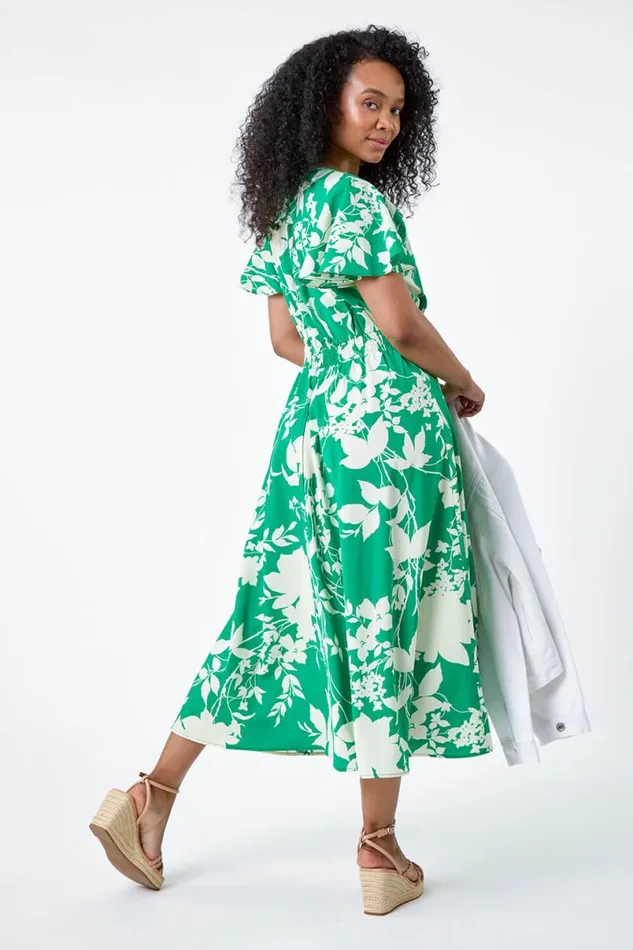 Green Petite Leaf Print Shirred Midi Dress Women Roman Dresses