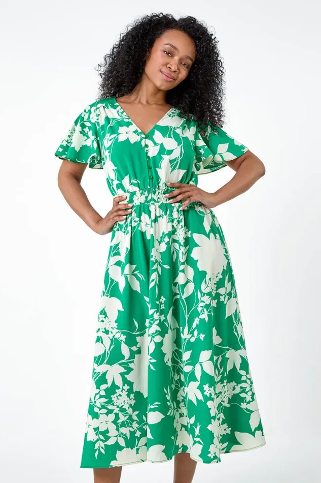 Green Petite Leaf Print Shirred Midi Dress Women Roman Dresses