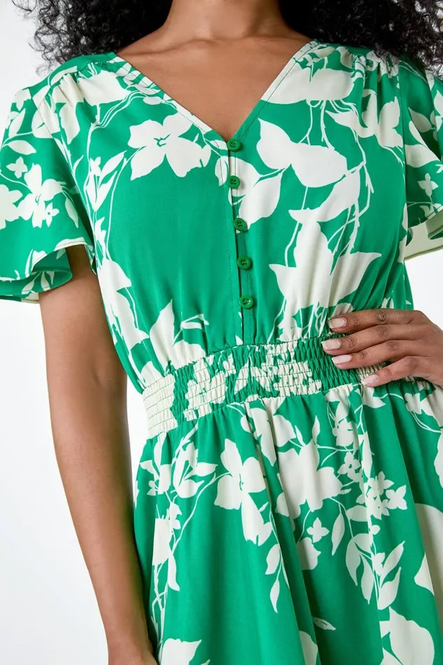 Green Petite Leaf Print Shirred Midi Dress Women Roman Dresses
