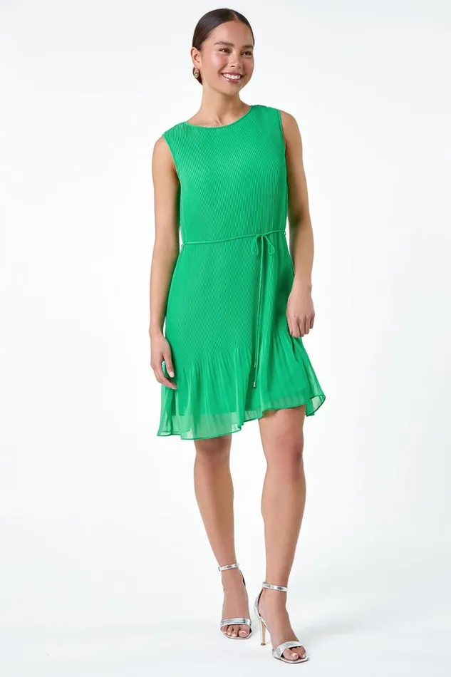 Green Petite Plain Tie Detail Pleated Dress Women Roman Dresses