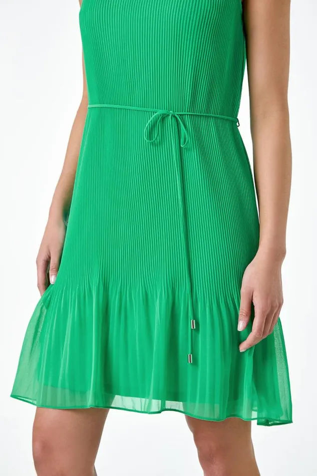 Green Petite Plain Tie Detail Pleated Dress Women Roman Dresses