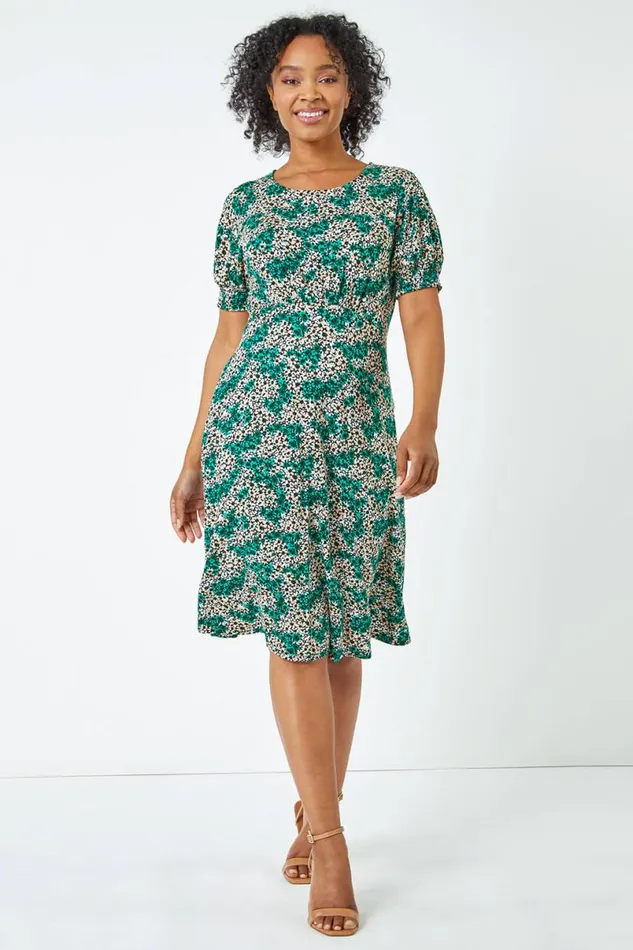 Green Petite Shirred Sleeve Floral Dress Women Roman Dresses
