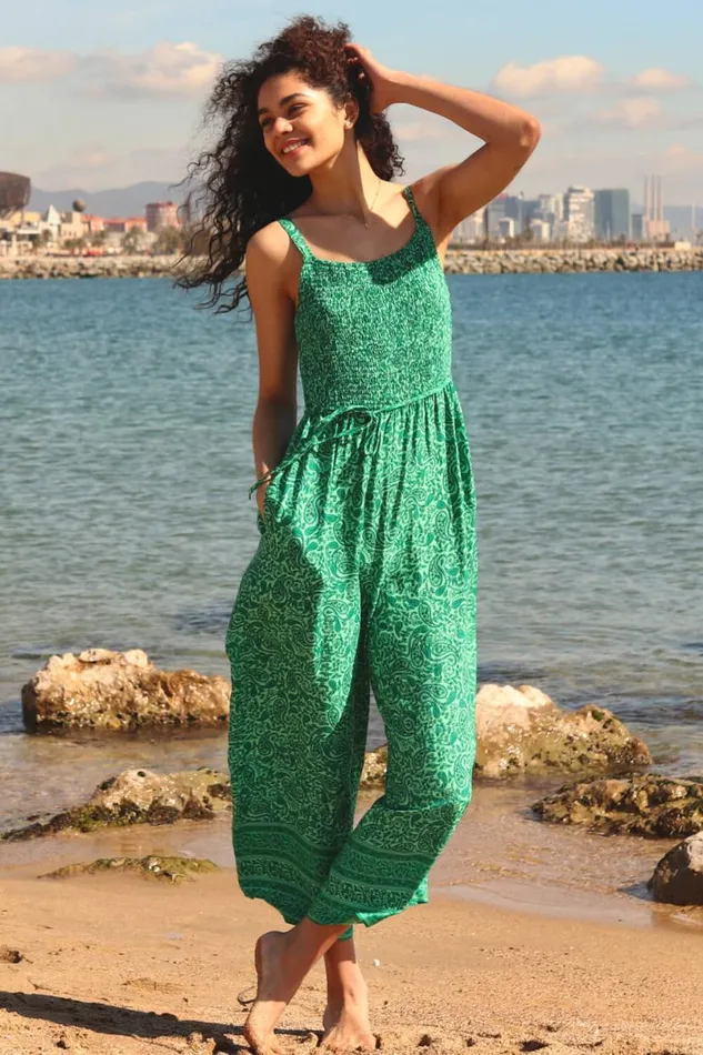 Green Sleeveless Paisley Cropped Jumpsuit Women Roman Dresses