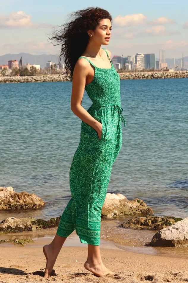 Green Sleeveless Paisley Cropped Jumpsuit Women Roman Dresses