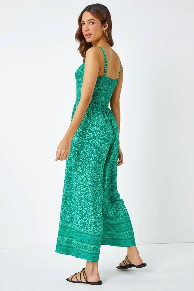 Green Sleeveless Paisley Cropped Jumpsuit Women Roman Dresses