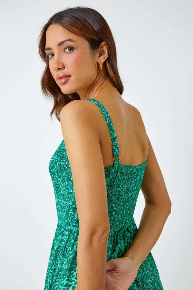 Green Sleeveless Paisley Cropped Jumpsuit Women Roman Dresses