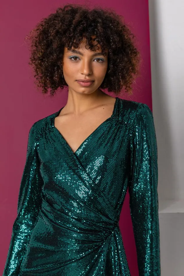 Green Sparkle Embellished Ruched Wrap Dress Women Roman Dresses