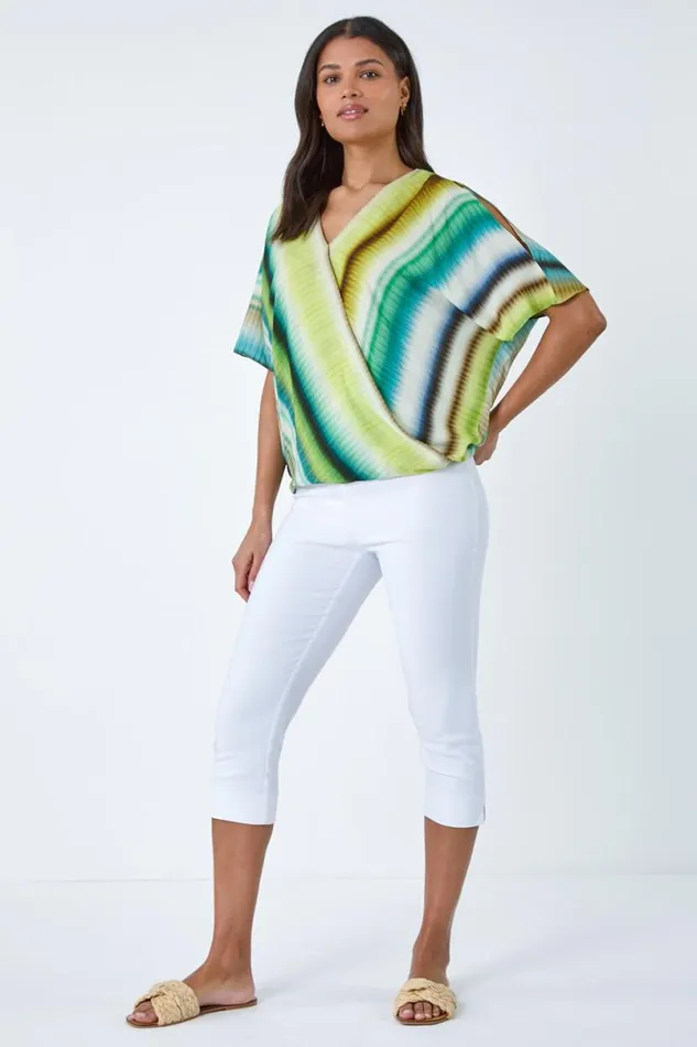 Green Tie Dye Stripe VNeck Wrap Top Women Roman Tops