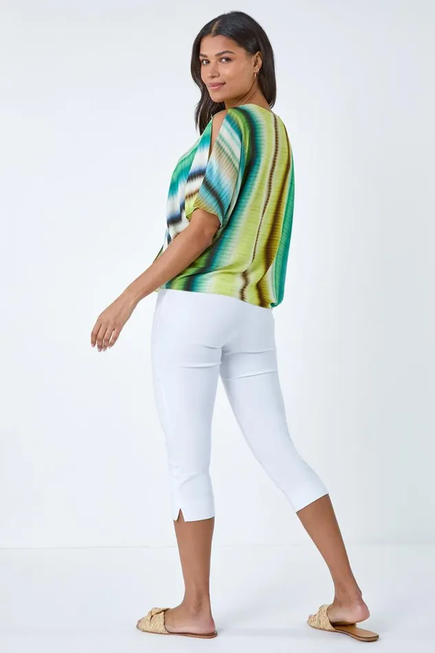 Green Tie Dye Stripe VNeck Wrap Top Women Roman Tops