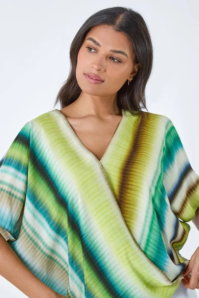 Green Tie Dye Stripe VNeck Wrap Top Women Roman Tops