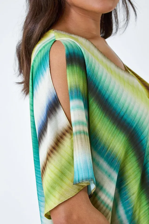 Green Tie Dye Stripe VNeck Wrap Top Women Roman Tops