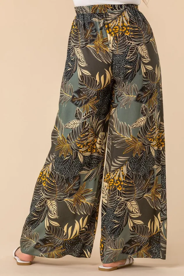 Green Tropical Print Elastic Waist Wide Leg Trouser Women Roman Trousers