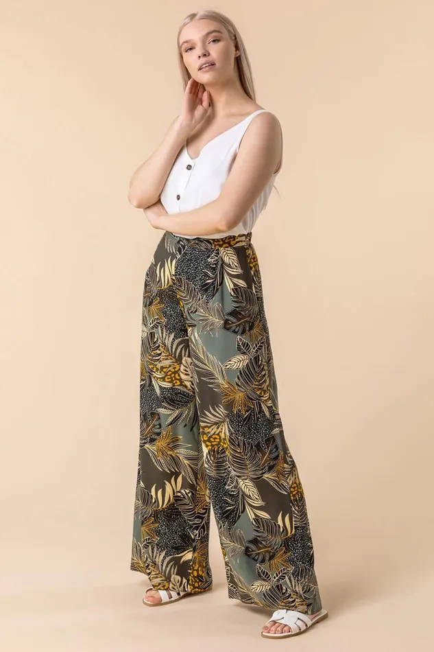 Green Tropical Print Elastic Waist Wide Leg Trouser Women Roman Trousers