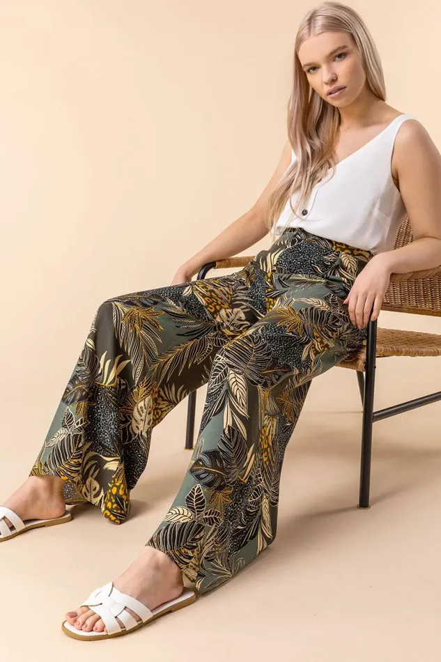 Green Tropical Print Elastic Waist Wide Leg Trouser Women Roman Trousers