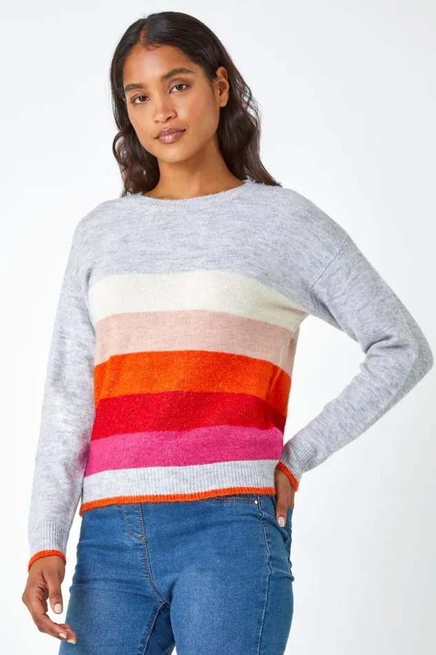 Grey Stripe Print Stretch Knit Jumper Women Roman Knitwear