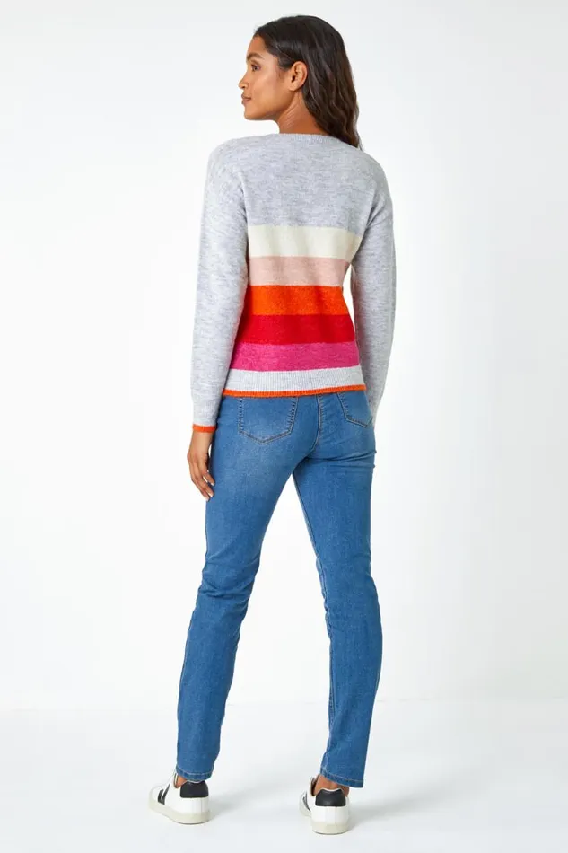 Grey Stripe Print Stretch Knit Jumper Women Roman Knitwear
