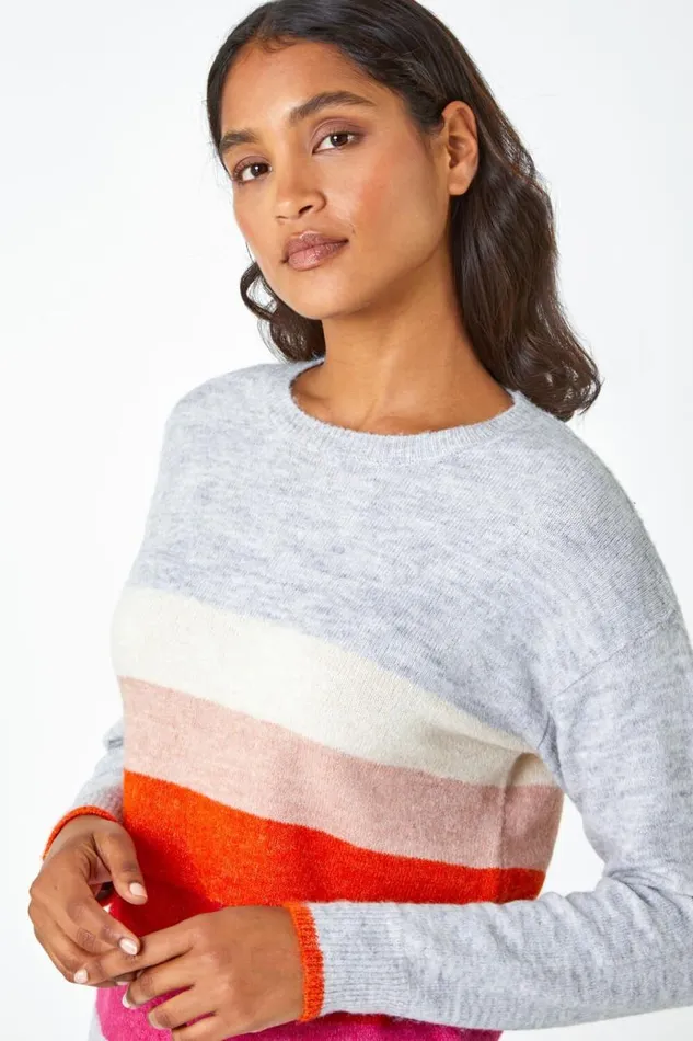 Grey Stripe Print Stretch Knit Jumper Women Roman Knitwear