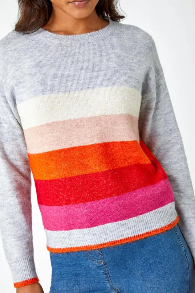 Grey Stripe Print Stretch Knit Jumper Women Roman Knitwear
