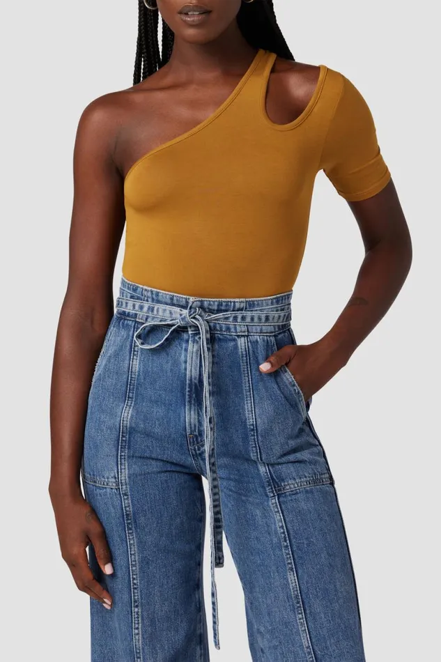 Hudson Jeans Tops and Sweaters Women Short Sleeve Asymmetrical Bodysuit Desert Sand