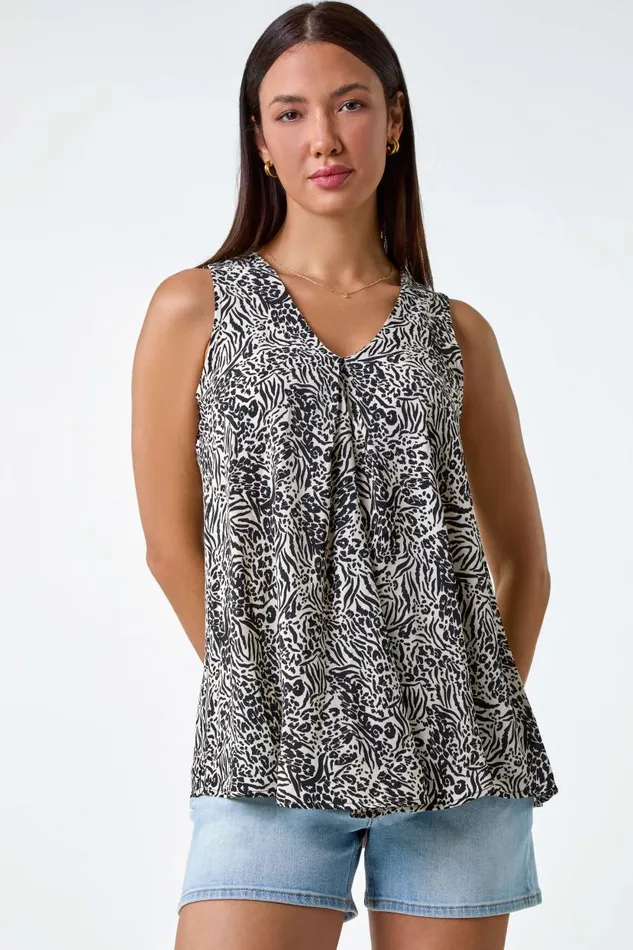 Ivory Animal Print Pleat Front VNeck Top Women Roman Tops
